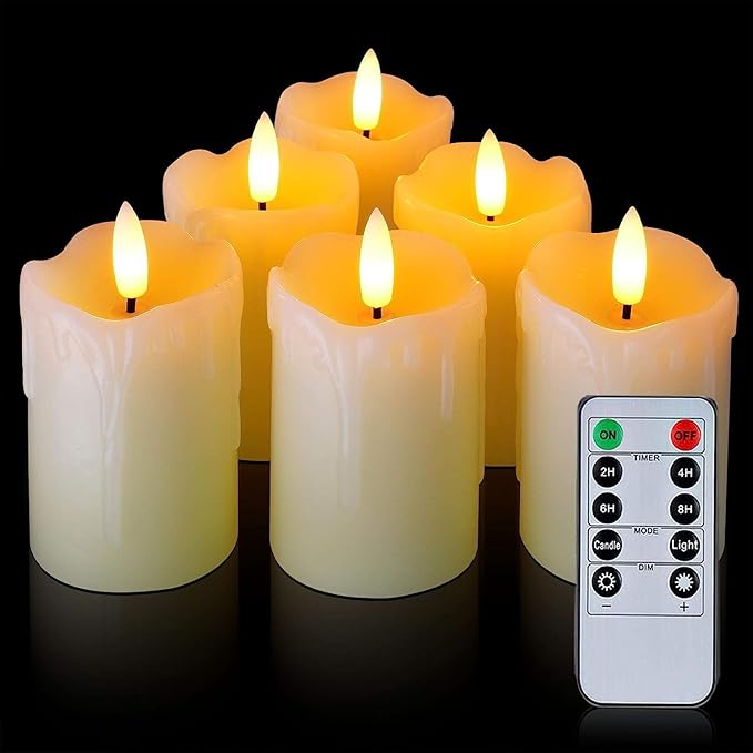 LTETTES 2"x3" Real Wax Flameless Votive Candles | Realistic Black Wick Battery Operated Pillar Candles with Remote | Wedding, Party and Holiday Decoration (Battery Included) - Pack of 6