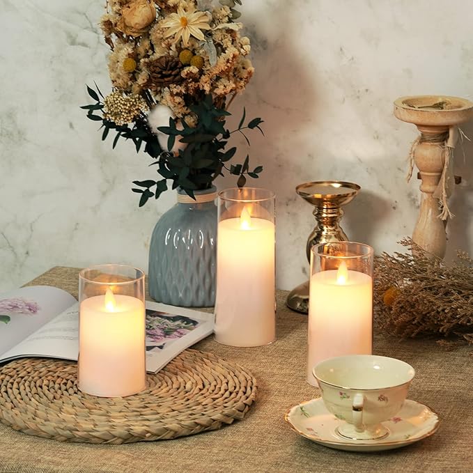 LTETTES Flameless LED Candles AA Battery Powered with White Acrylic Fiber Glass with Remote Controller and Timer for Home Festival Wedding Decor (Set of 3-3" D x 4",5",6" H)