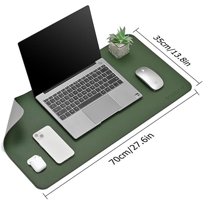 Aropana Vegan Leather Desk Mat, Mouse Pad Large, Computer Table Mat, Reversible Extended Laptop Pad for Desk, Dual Side Waterproof Edge-Stitched (27.6" x 13.8" inch, Deep Green/Grey)…