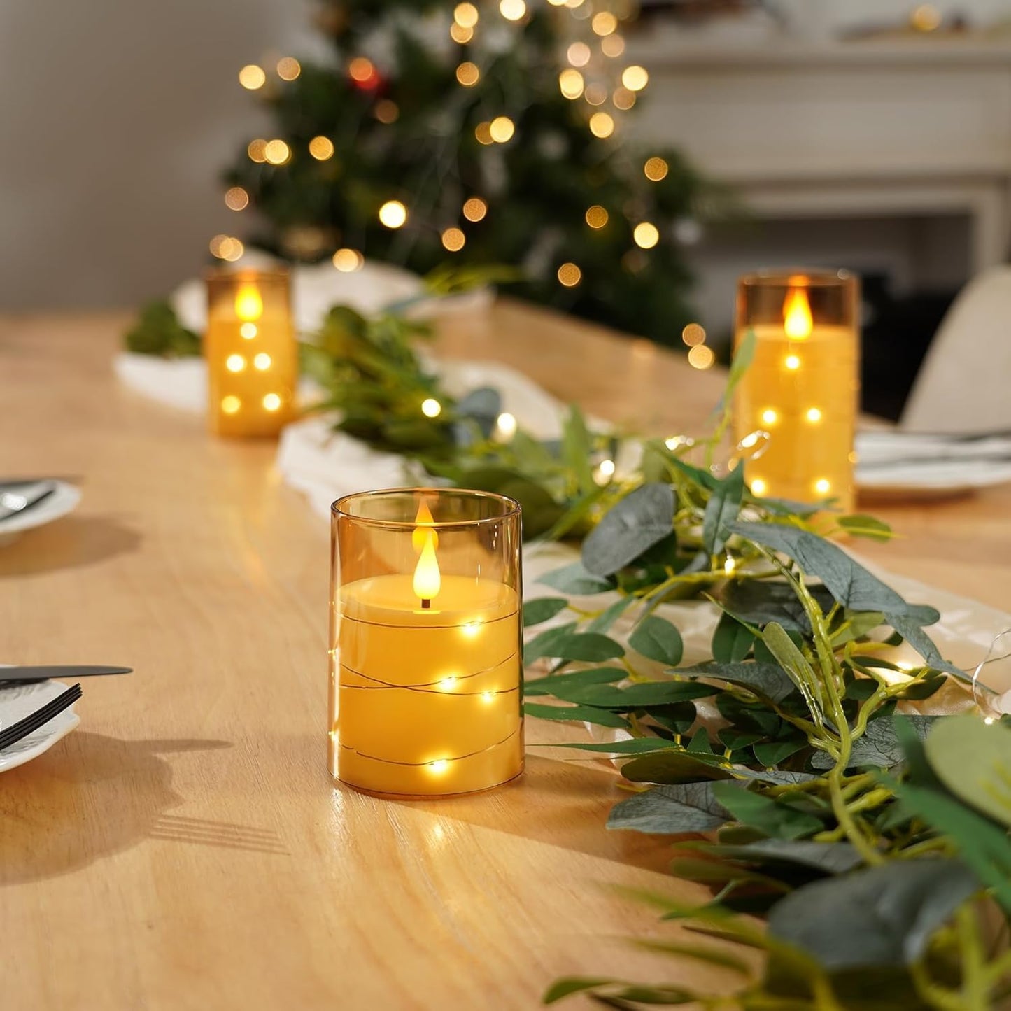 LTETTES 3 Set (H-4",5",6" x D-3") LED String Light Inbuild Acrylic Fiber Glass Flameless Electric Candles,Gold Color Battery Powered with Remote for Home Decor, Birthday Gifting, Wedding, Festivals