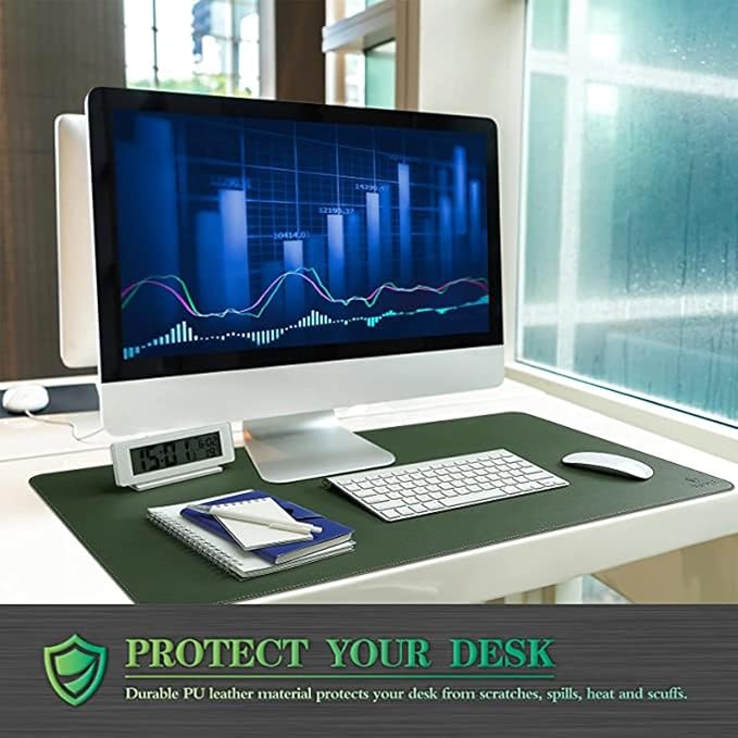 Aropana Vegan Leather Desk Mat, Mouse Pad Large, Computer Table Mat, Reversible Extended Laptop Pad for Desk, Dual Side Waterproof Edge-Stitched (23.6" x 13.8"inch, Deep Green/Grey)…