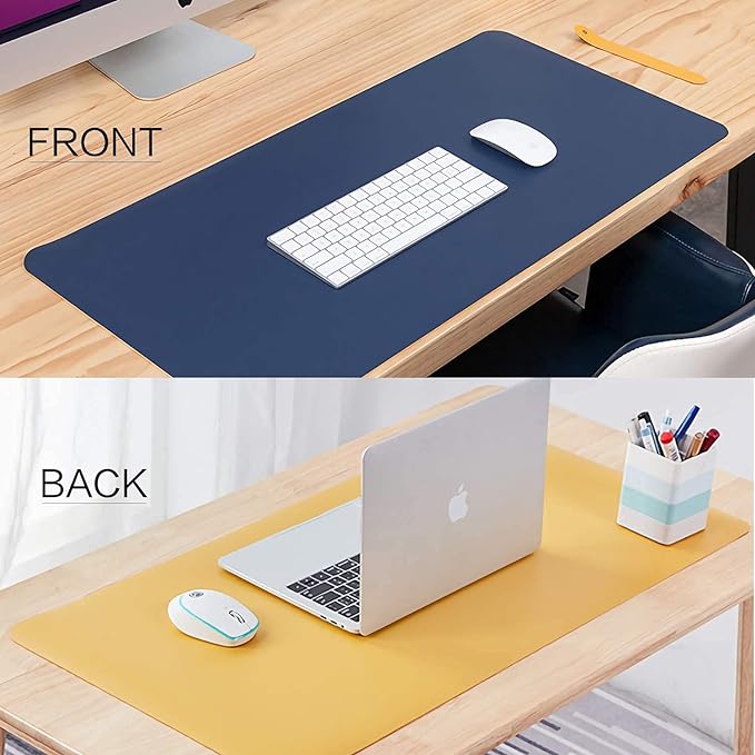 Aropana Vegan Leather Desk Mat, Mouse Pad Large, Computer Table Mat, Reversible Extended Laptop Pad for Desk, Dual Side Waterproof Edge-Stitched (36"x17"inch, Navy Blue/Yellow)