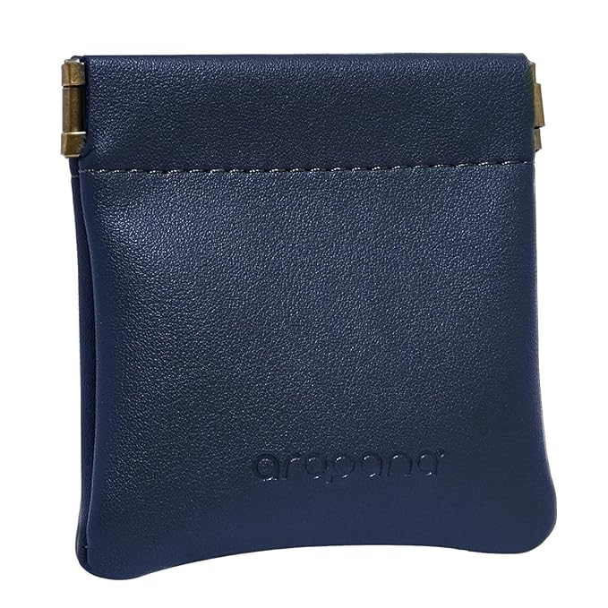 Aropana Self closing Leather Squeeze Coin Purse Waterproof Portable Earphone AirPods Pouch Mini storage Jewellery Bag Change Holder for Men & Women (8CM*7.5CM) Navy Blue
