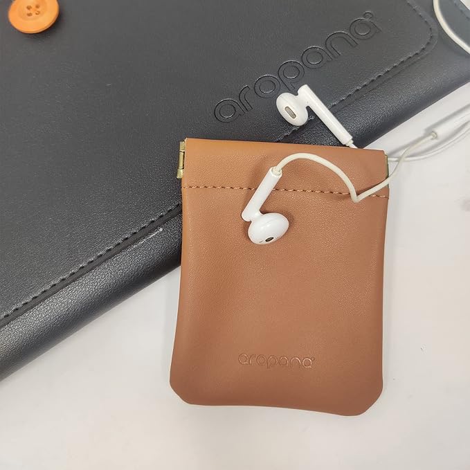 Aropana Self Closing Leather Travel Organiser Earphone AirPods Case Cosmetic Makeup Pouch Jewellery Bag Contact Lens Pouch Card Holder Mini Wallet for Men & Women (8.5CM × 11CM) Fashion Brown
