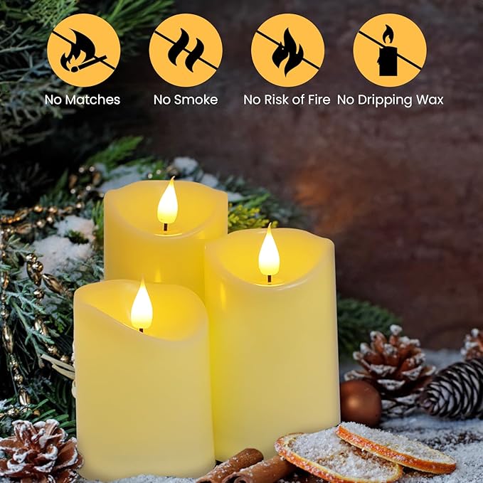 LTETTES plastic Set of 3 Rechargeable Flameless LED Candles|Ivory Wax Candles with Remote Control and Wireless Charging Pad|Home Decor, Festivals, Diwali, Gifting (3" Diameter x 4",5",6" Height)
