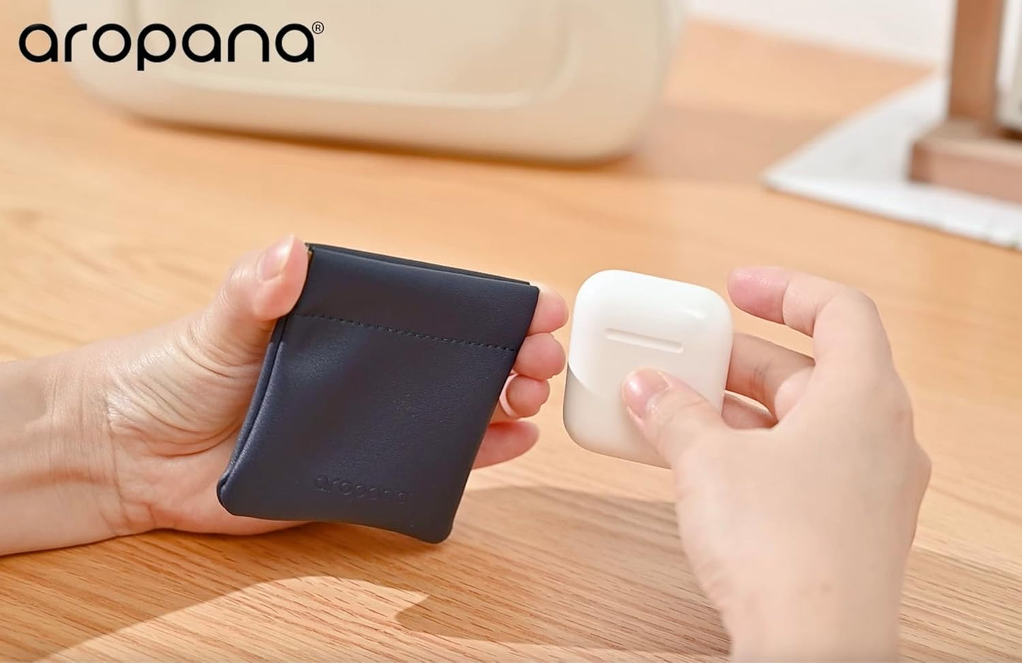 Aropana Self closing Leather Squeeze Coin Purse Waterproof Portable Earphone AirPods Pouch Mini storage Jewellery Bag Change Holder for Men & Women (8CM*7.5CM) Navy Blue