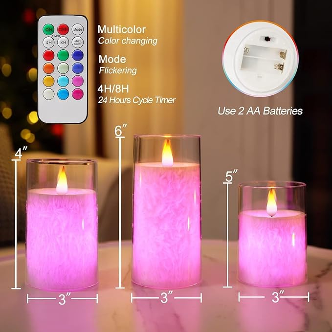 LTETTES Color Changing Flameless Candles, Battery Operated LED Pillar Candles, Fake Electric Candles with Remote Control and Timers, Set of 3