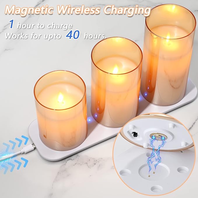 LTETTES Rechargeable Led Glass Pillar Flameless Real Unscented Wax Candles|Premium Tinted Amber Glass|Remote Controller,USB Type C Wireless Charding Pad for Home Decor Set of 3(H-4",5",6" X D-3")