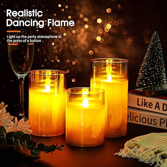 LTETTES Real Wax LED Glass Pillar Flameless Candles | Faux Dancing Wick | Amber Gold Glass | Battery Powered with Multifunctional Remote Controller for Home Decor | Set of 3 (H-4",5",6" x D-3")