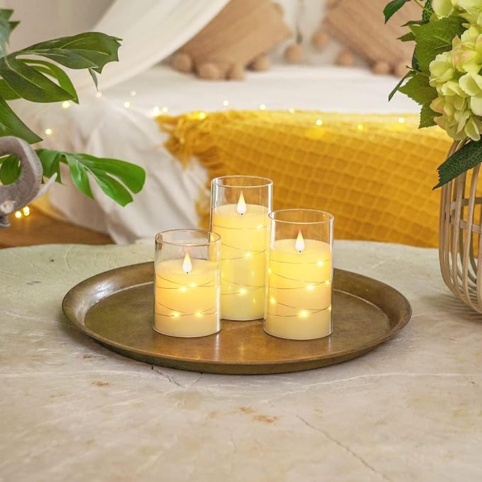 LTETTES 3 Set (H-4",5",6" x D-3") LED String Light Inbuild Acrylic Fiber Glass Flameless Electric Candles, White Color Battery Powered with Remote for Home Decor, Birthday Gifting, Wedding, Festivals