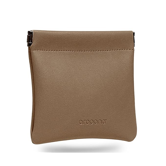 Aropana Self closing Leather Purse Portable Earphone AirPods Pouch Mini storage Jewellery Bag Coin Card Holder for Men & Women (11.5CM × 11CM) Coffee Brown