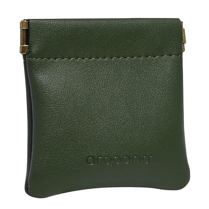 Aropana Self Closing Leather Squeeze Coin Pouch Earphone AirPods Pouch Mini Storage Jewellery Bag Coin Purse for Men & Women (8CM*7.5CM) Deep Green