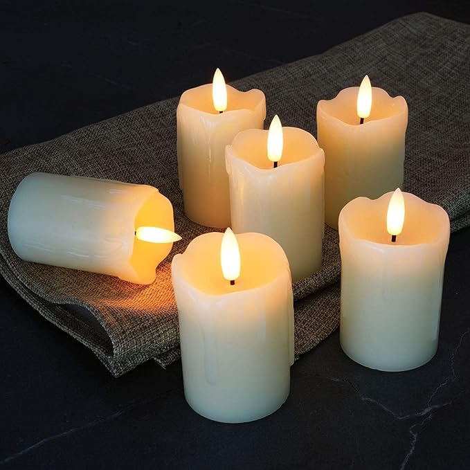 LTETTES 2"x3" Real Wax Flameless Votive Candles | Realistic Black Wick Battery Operated Pillar Candles with Remote | Wedding, Party and Holiday Decoration (Battery Included) - Pack of 6