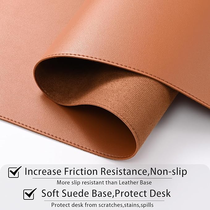 Aropana Anti-Slip Extended Mouse Pad, PU Vegan Leather Desk Mat, Computer Desk Table Protector Pad with Non-Slip Suede Base for Keyboard, Desktop, Laptop, Office, 23.6" x 13.8"inch, Brown