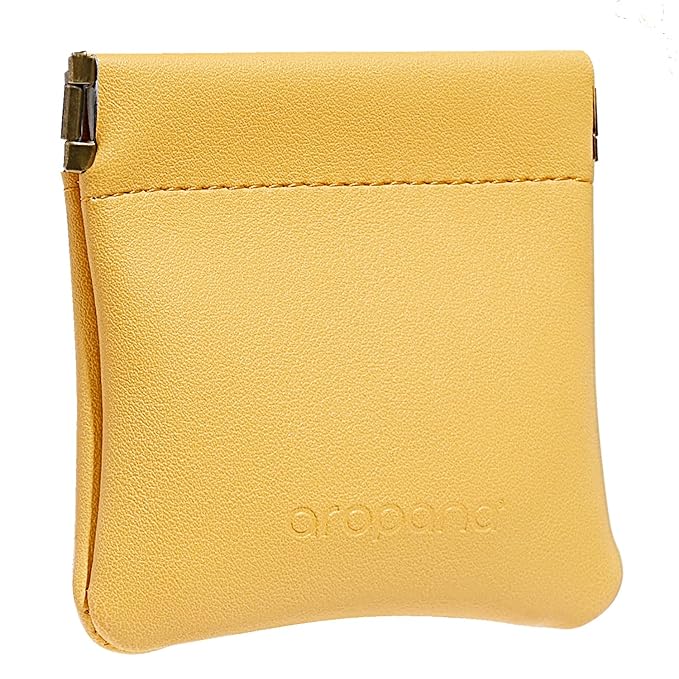 Aropana Self closing Leather Squeeze Coin Purse Waterproof Portable Earphone AirPods Pouch Mini storage Jewellery Bag Change Holder for Men & Women (8CM*7.5CM) Bright Yellow
