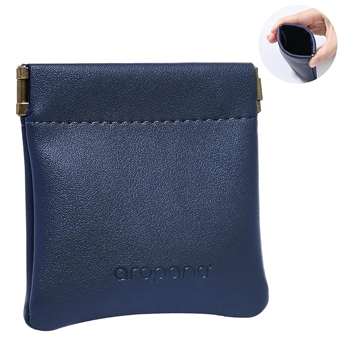 Aropana Self closing Leather Squeeze Coin Purse Waterproof Portable Earphone AirPods Pouch Mini storage Jewellery Bag Change Holder for Men & Women (8CM*7.5CM) Navy Blue