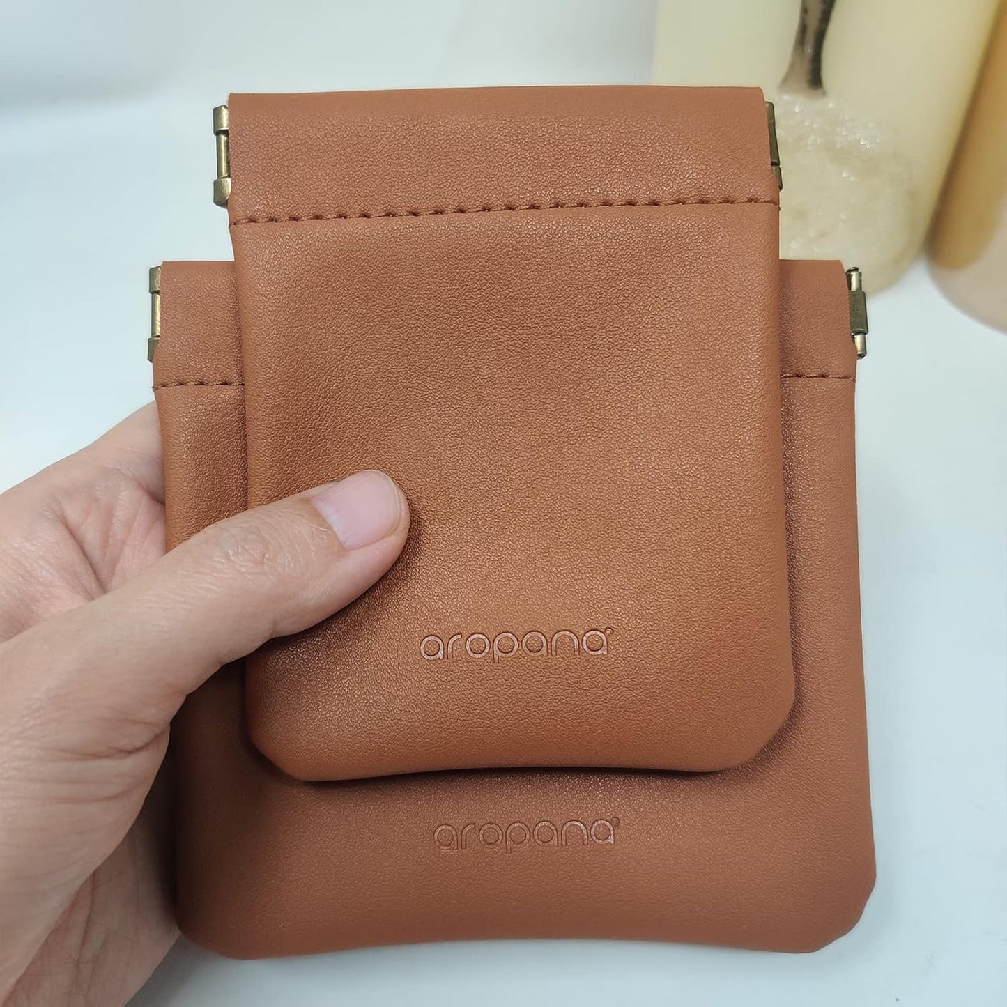 Aropana Self Closing Leather Travel Organiser Earphone AirPods Case Cosmetic Makeup Pouch Jewellery Bag Contact Lens Pouch Card Holder Mini Wallet for Men & Women (8.5CM × 11CM) Fashion Brown