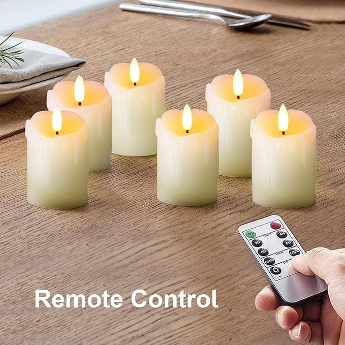 LTETTES 2"x3" Real Wax Flameless Votive Candles | Realistic Black Wick Battery Operated Pillar Candles with Remote | Wedding, Party and Holiday Decoration (Battery Included) - Pack of 6
