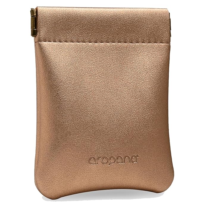 Aropana Self Closing Leather Travel Organiser Earphone AirPods Case Cosmetic Makeup Pouch Jewellery Bag Contact Lens Pouch Card Holder Mini Wallet for Men & Women (8.5CM × 11CM) Glitter Copper