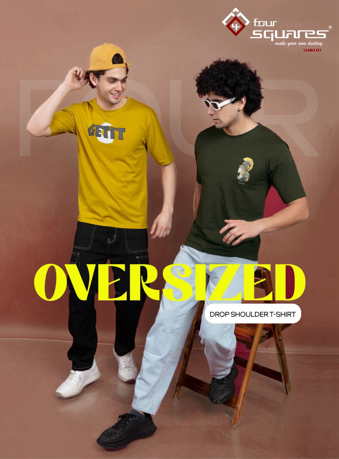 Four Squares Pure Cotton Gray Oversized Fit Originals Typographic Printed Half Sleeve T-Shirt for Men & Boys