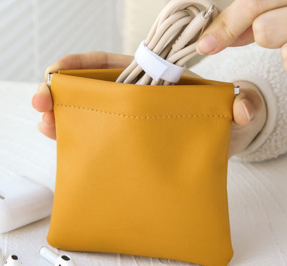 Aropana Self closing Leather Purse Portable Earphone AirPods Pouch Mini storage Jewellery Bag Coin Card Holder for Men & Women (11.5CM × 11CM) Bright Yellow