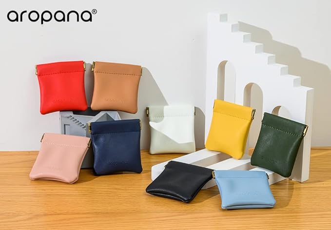 Aropana Self closing Leather Squeeze Coin Purse Waterproof Portable Earphone AirPods Pouch Mini storage Jewellery Bag Change Holder for Men & Women (8CM*7.5CM) Brown
