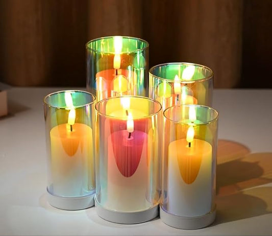 LTETTES Set of 5 Real Wax with Iridescence Effect Removable Glass Shell Faux Wick Flameless Candles Battery Operated Led Candles for Home Decor, Diwali, Gifting, Wedding [Battery Included], Ivory
