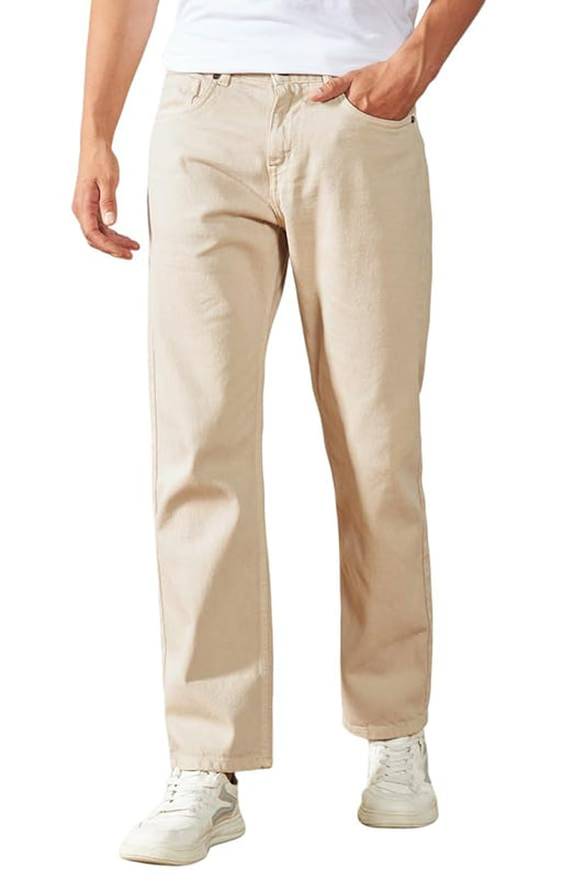 Denim Men Beige Cotton Regular Fit Casual Jeans