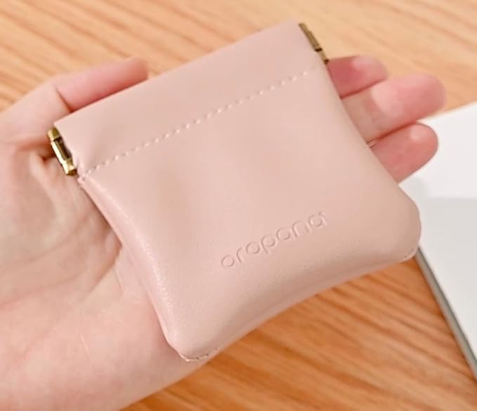 Aropana Self closing Leather Squeeze Coin Purse Waterproof Portable Earphone AirPods Pouch Mini storage Jewellery Bag Change Holder for Men & Women (8CM*7.5CM) Light Pink
