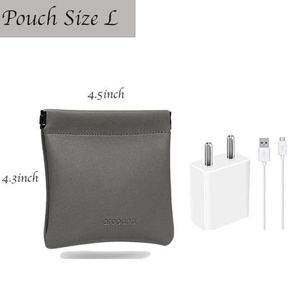Aropana Self closing Leather Purse Portable Earphone AirPods Pouch Mini storage Jewellery Bag Coin Card Holder for Men & Women (11.5CM × 11CM) Fossil Grey
