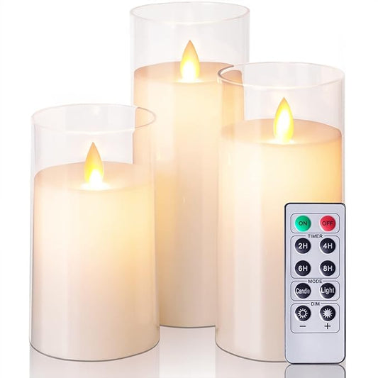 LTETTES Flameless LED Candles AA Battery Powered with White Acrylic Fiber Glass with Remote Controller and Timer for Home Festival Wedding Decor (Set of 3-3" D x 4",5",6" H)