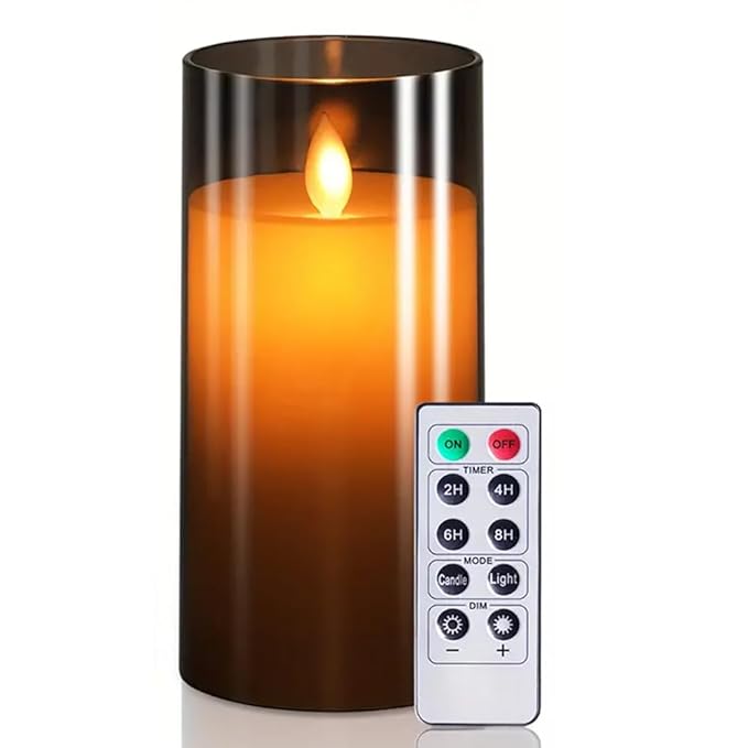 LTETTES Flameless Grey Acrylic Fiber Glass LED Electric Candles | 2*AA Battery Powered with Remote Controller Pillar Candle for Home Festival Wedding Decor (3" D x 6" H)