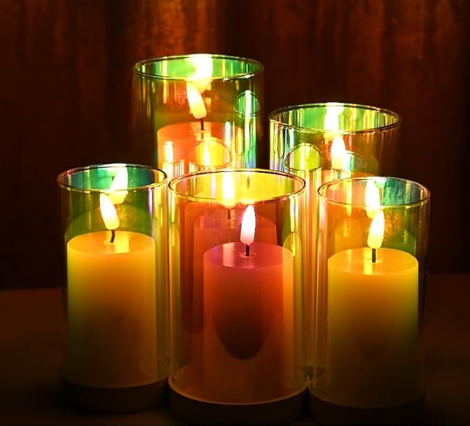 LTETTES Set of 5 Real Wax with Iridescence Effect Removable Glass Shell Faux Wick Flameless Candles Battery Operated Led Candles for Home Decor, Diwali, Gifting, Wedding [Battery Included], Ivory
