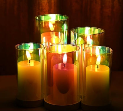 LTETTES Set of 5 Real Wax with Iridescence Effect Removable Glass Shell Faux Wick Flameless Candles Battery Operated Led Candles for Home Decor, Diwali, Gifting, Wedding [Battery Included], Ivory