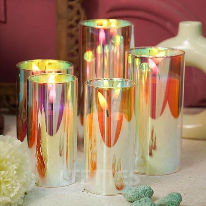 LTETTES Set of 5 Real Wax with Iridescence Effect Removable Glass Shell Faux Wick Flameless Candles Battery Operated Led Candles for Home Decor, Diwali, Gifting, Wedding [Battery Included], Ivory