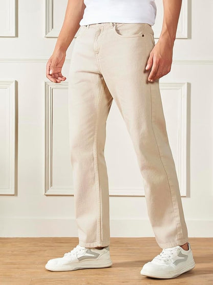 Denim Men Beige Cotton Regular Fit Casual Jeans