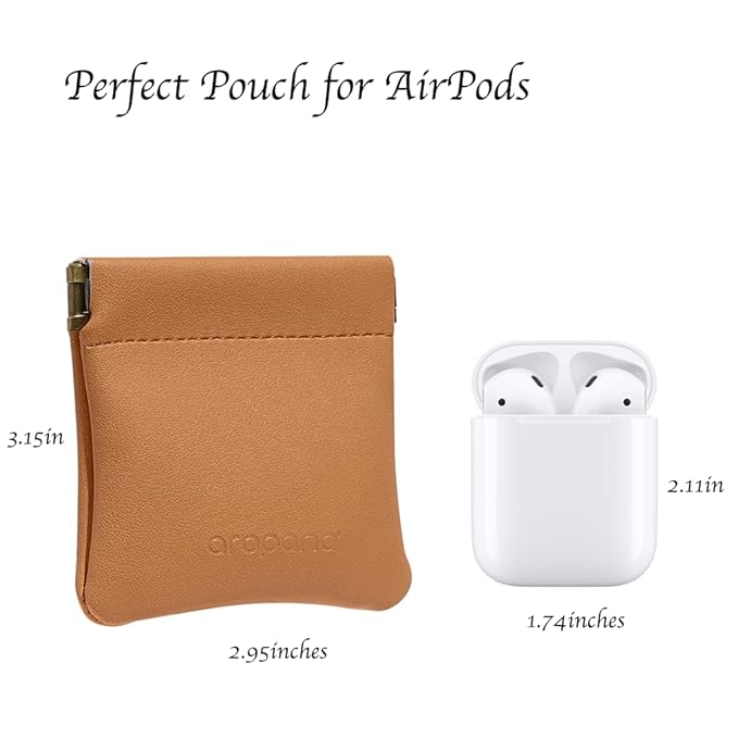 Aropana Self closing Leather Squeeze Coin Purse Waterproof Portable Earphone AirPods Pouch Mini storage Jewellery Bag Change Holder for Men & Women (8CM*7.5CM) Brown