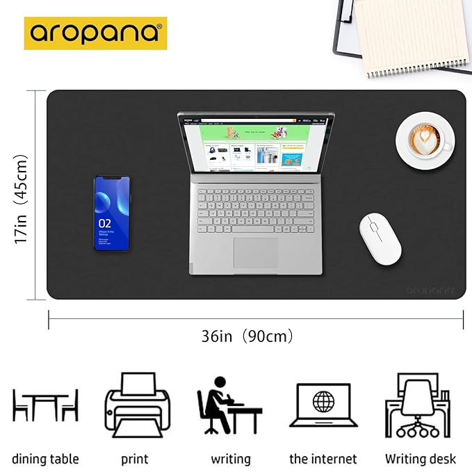 Aropana Vegan Leather Desk Mat, Mouse Pad Large, Computer Table Mat, Reversible Extended Laptop Pad for Desk, Dual Side Waterproof Edge-Stitched (36"x17"inch, Black/Grey)