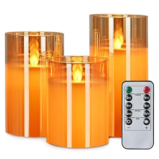 LTETTES Real Wax LED Glass Pillar Flameless Candles | Faux Dancing Wick | Amber Gold Glass | Battery Powered with Multifunctional Remote Controller for Home Decor | Set of 3 (H-4",5",6" x D-3")