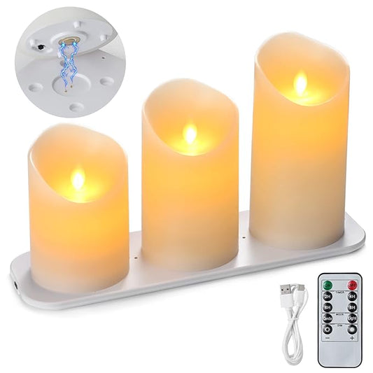 LTETTES plastic Set of 3 Rechargeable Flameless LED Candles|Ivory Wax Candles with Remote Control and Wireless Charging Pad|Home Decor, Festivals, Diwali, Gifting (3" Diameter x 4",5",6" Height)