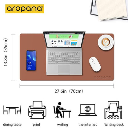 Aropana Vegan Leather Desk Mat, Mouse Pad Large, Computer Table Mat, Reversible Extended Laptop Pad for Desk, Dual Side Waterproof Edge-Stitched (27.6x13.8 inch, Brown/Grey)