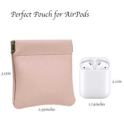 Aropana Self closing Leather Squeeze Coin Purse Waterproof Portable Earphone AirPods Pouch Mini storage Jewellery Bag Change Holder for Men & Women (8CM*7.5CM) Light Pink