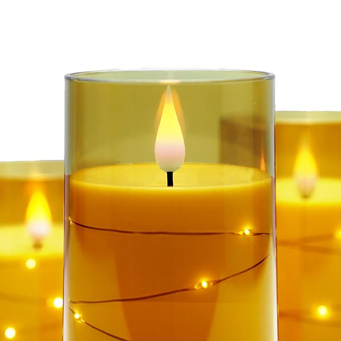 LTETTES 3 Set (H-4",5",6" x D-3") LED String Light Inbuild Acrylic Fiber Glass Flameless Electric Candles,Gold Color Battery Powered with Remote for Home Decor, Birthday Gifting, Wedding, Festivals