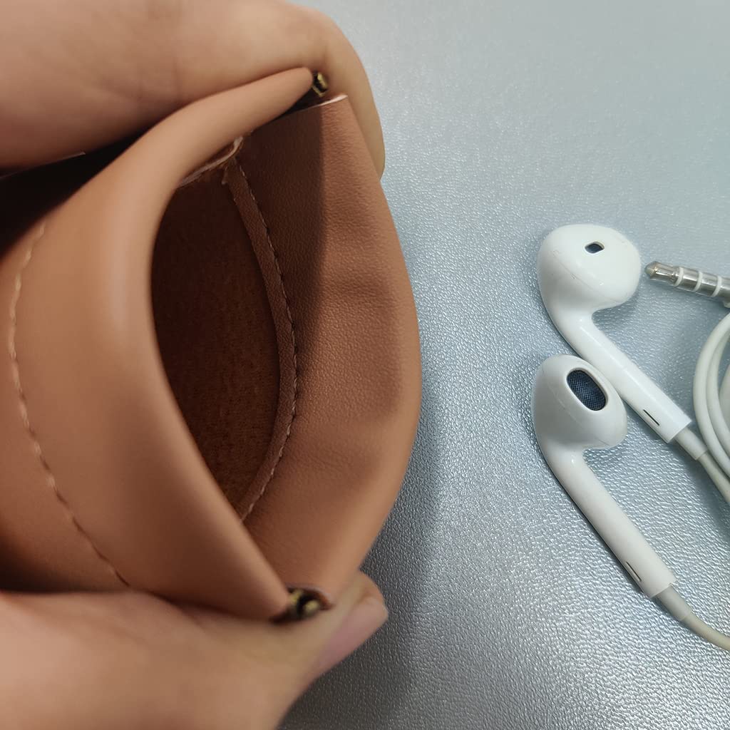 Aropana Self closing Leather Squeeze Coin Purse Waterproof Portable Earphone AirPods Pouch Mini storage Jewellery Bag Change Holder for Men & Women (8CM*7.5CM) Brown