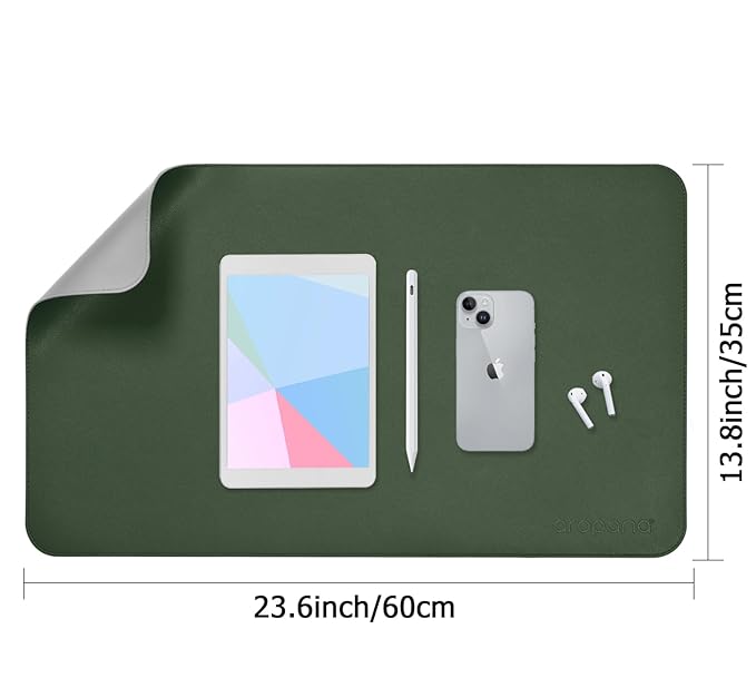 Aropana Vegan Leather Desk Mat, Mouse Pad Large, Computer Table Mat, Reversible Extended Laptop Pad for Desk, Dual Side Waterproof Edge-Stitched (23.6" x 13.8"inch, Deep Green/Grey)…