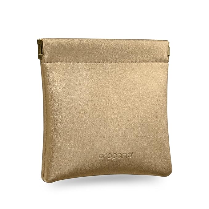 Aropana Self closing Leather Purse Portable Earphone AirPods Pouch Mini storage Jewellery Bag Coin Card Holder for Men & Women (11.5CM × 11CM) Glitter Gold