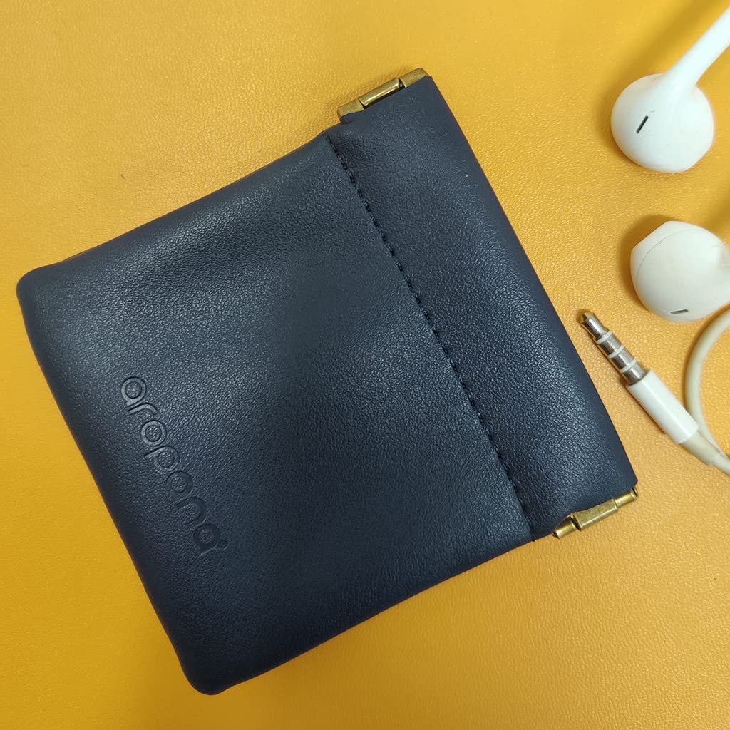 Aropana Self closing Leather Squeeze Coin Purse Waterproof Portable Earphone AirPods Pouch Mini storage Jewellery Bag Change Holder for Men & Women (8CM*7.5CM) Navy Blue