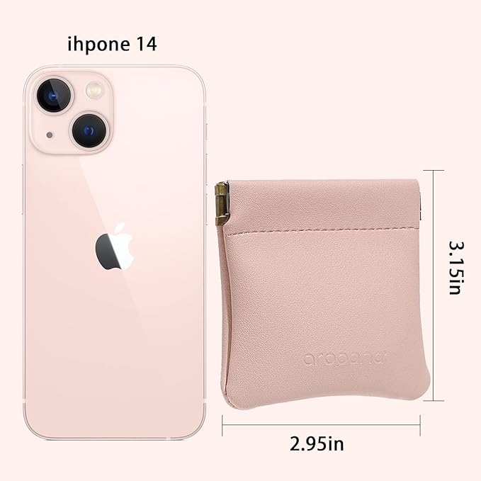 Aropana Self closing Leather Squeeze Coin Purse Waterproof Portable Earphone AirPods Pouch Mini storage Jewellery Bag Change Holder for Men & Women (8CM*7.5CM) Light Pink