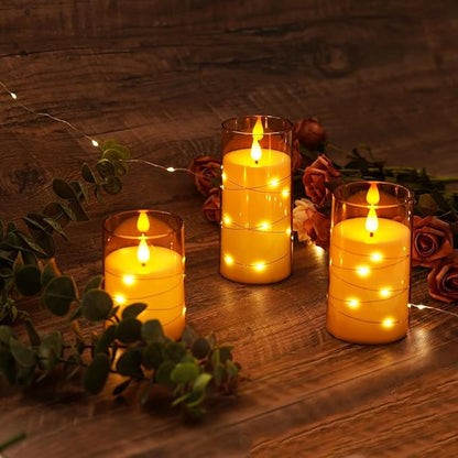 LTETTES 3 Set (H-4",5",6" x D-3") LED String Light Inbuild Acrylic Fiber Glass Flameless Electric Candles,Gold Color Battery Powered with Remote for Home Decor, Birthday Gifting, Wedding, Festivals