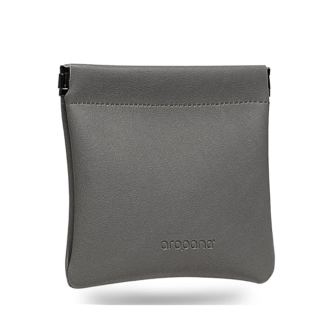 Aropana Self closing Leather Purse Portable Earphone AirPods Pouch Mini storage Jewellery Bag Coin Card Holder for Men & Women (11.5CM × 11CM) Fossil Grey